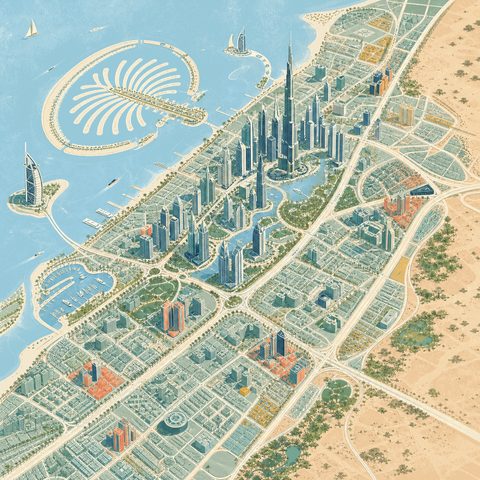 An illustrated view of Dubai's coastline, marina and business districts.