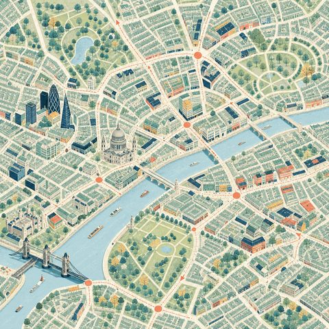 An illustrated view of London, the Thames, bridges and neighbourhood streets.