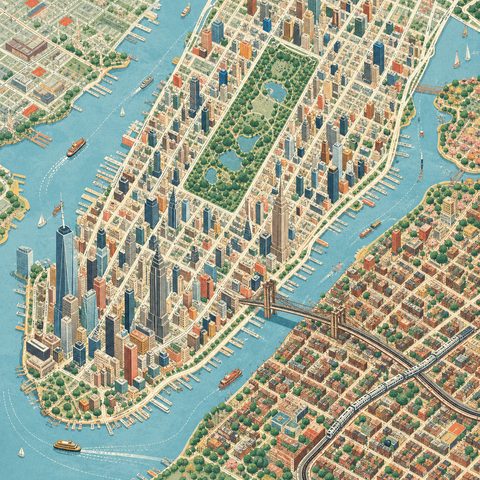 An illustrated view of Manhattan, its park, bridges and waterfront.