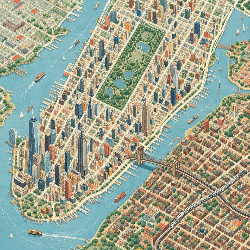 An illustrated view of Manhattan, its park, bridges and waterfront.