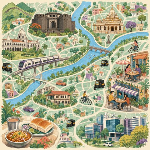 An illustration of Pune's river, heritage buildings, metro and shopping streets.